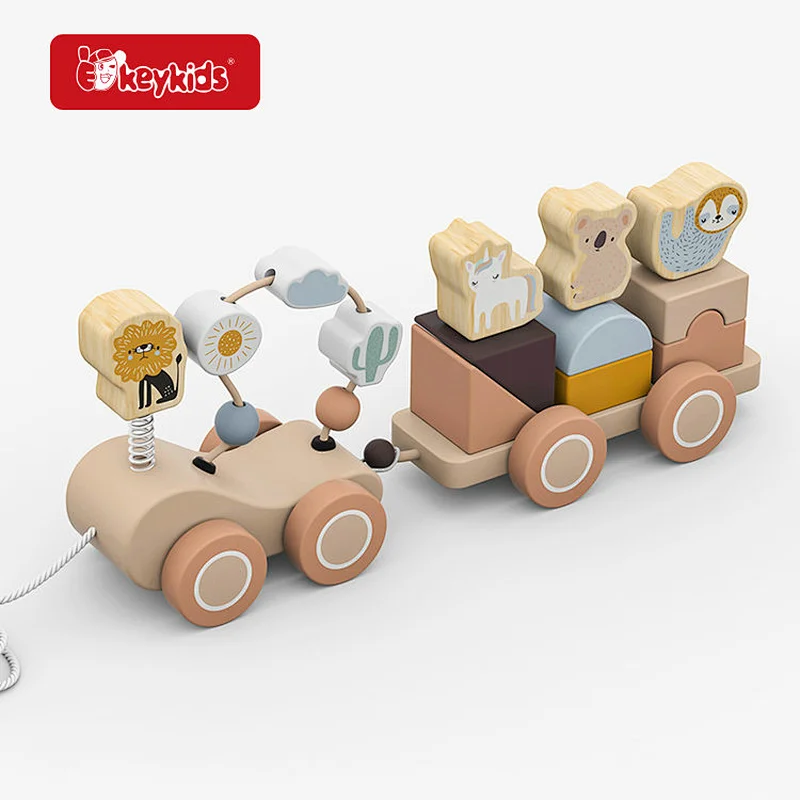 Wooden Pull-Along Train Toy Set - Includes Animal Blocks (Lion, Sloth, Koala, Unicorn) & Interactive Activity Elements W05C166